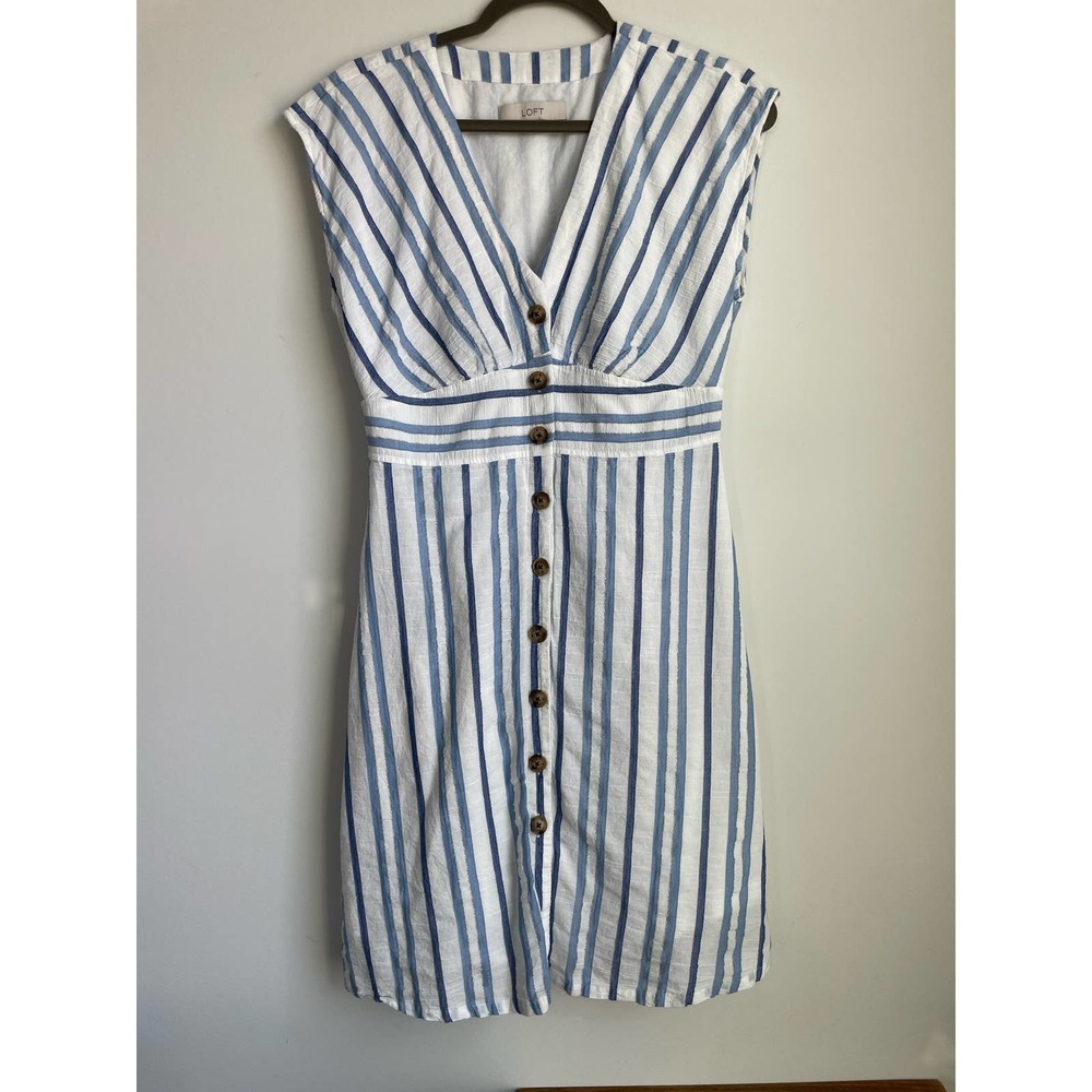 LOFT Striped Button Flare Dress Blue White Gold Sz 4